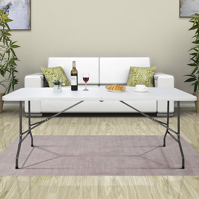 SUPER DEAL 6FT Folding Table for Indoor Outdoor, Portable Heavy Duty Fold-in-Half Plastic Dining Picnic Party Camping Table with Carrying Handle