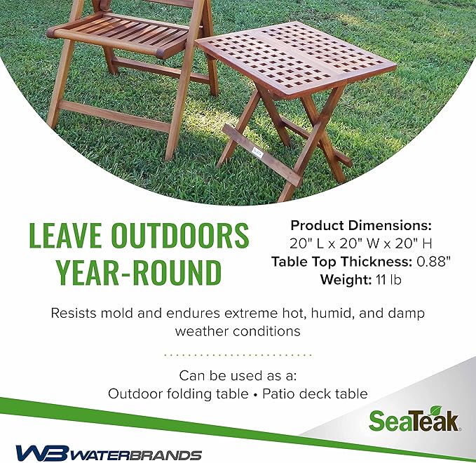 SeaTeak Square-Grate Top Folding Deck Table | Teakwood Folding Table | Small Folding Wood Table| 20" L x 20" W x 20" H