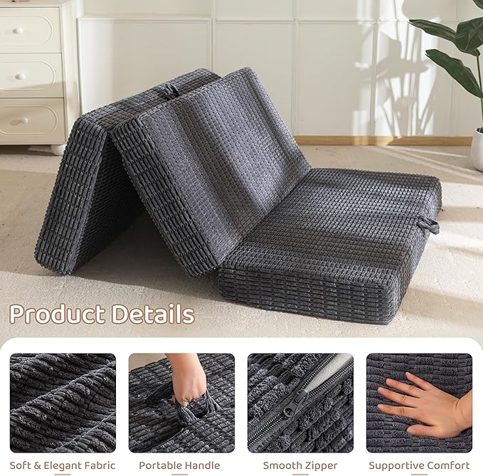 BYBYME Memory Foam Tri-Folding Mattress, 6 Inch Gel Folding Mattress Topper, Foldable Soft Guest Bed Camping Pad, with Washable Cover