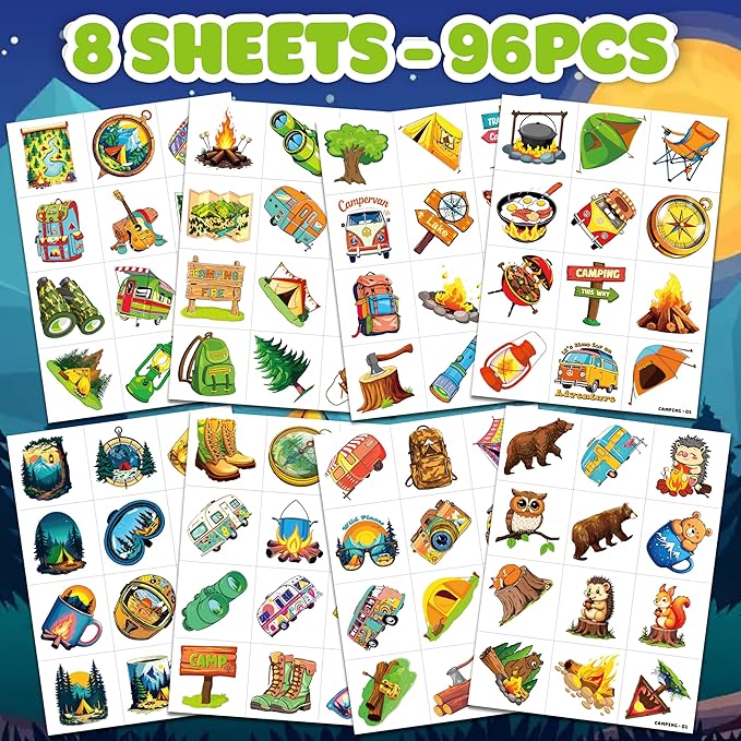 96PCS Camping Camp Camper Campfire Pre-Cut Temporary Tattoos for Kids | Super Cute Themed Birthday Party Favors, Supplies, Decorations, Fake Tattoo Stickers (multiple)