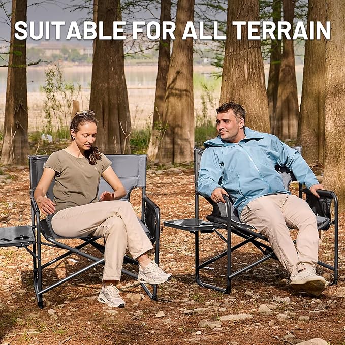 TIMBER RIDGE XXL Foldable Directors Chair with Side Table, Extra Wide Camping Chairs for Adults Heavy Duty Supports 500 lbs, Oversized Folding Lawn Chair for Picnic Beach Sports Fishing, Grey-2 Pack