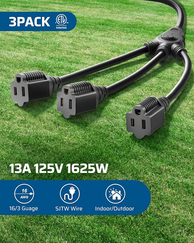 DEWENWILS Extension Cord Splitter 1 to 3, 18 Inch 16/3 Heavy Duty SJTW Wire, 3 Prong Outdoor Power Splitter for Halloween Decor Christmas Lights, ETL Listed, Black, Pack of 3…