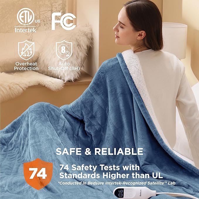 Bedsure Electric Blanket Full Size - Soft Flannel Heated Blanket, Fast Heating with 10 Time Settings & 6 Heat Settings, Warm Gift for Grandma (72x84 inches, Blue)