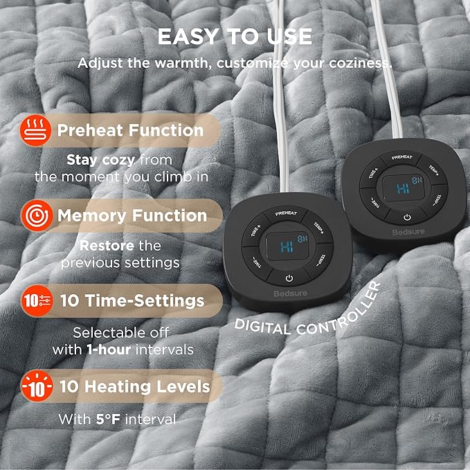 Bedsure Electric Blanket King Size - Dual Control Heated Weighted Blanket King with 10 Heat Settings, Fast Heating with 10 Time Settings (100x90 inches, Formal Gray)