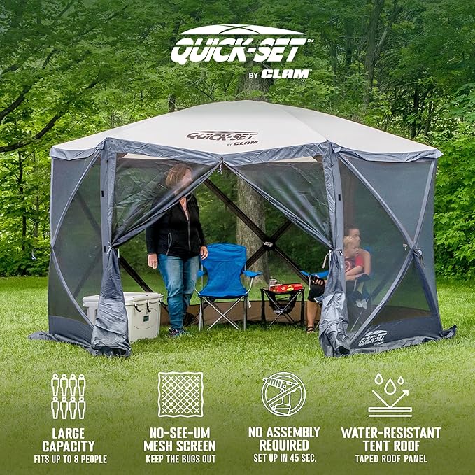 CLAM Escape 11.5' Pop-Up Screen Tent – Blue Outdoor Camping Gazebo Canopy with No-See-Um Mesh, Carry Bag & Stakes – 6-Sided Portable Shelter for Camping, Picnics, & Events – Fast 45-Second Setup