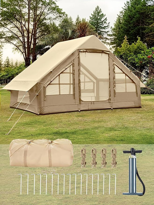 Inflatable Tents with Hand Pump Hot Tent with Stove Jack Easy Blow Up Glamping Tent with Mesh Windows, 4-6 Person Instant Family Camping Tents Waterproof for 4 Seasons