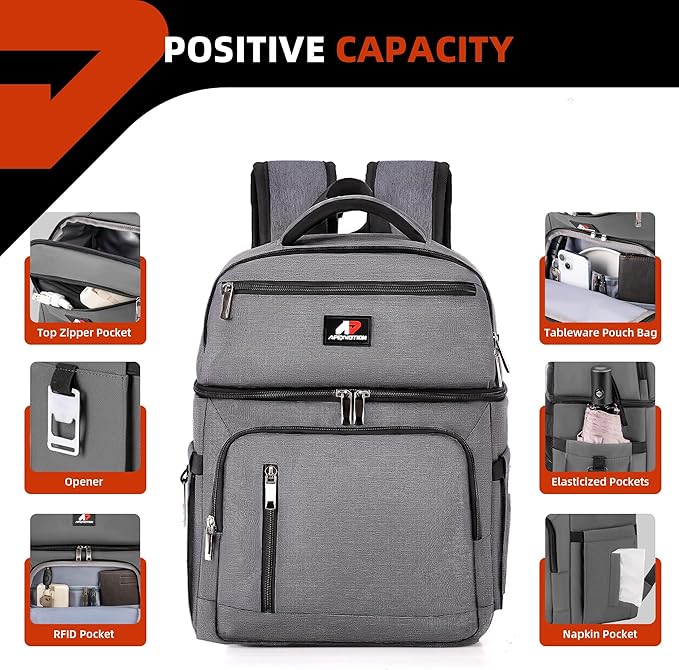 COOLJOB Insulated Cooler Backpack for Men Women, Leakproof Lunch Bag with Waterproof Liner, Double Roomy Deck, RFID, Gray