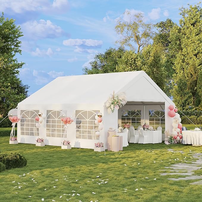 Aoxun 20x20 Party Tent Canopy for Weddings Waterproof Event Tent with Removable Sidewalls &Roll-up Door, Heavy-Duty Steel Frame for Outdoor Weddings, BBQ, Birthday Parties, & Camping,White