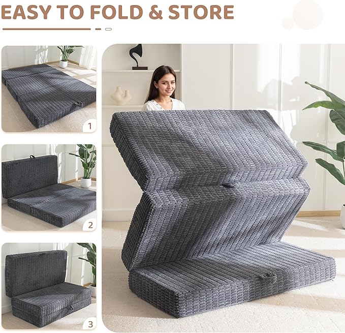 BYBYME Memory Foam Tri-Folding Mattress, 6 Inch Gel Folding Mattress Topper, Foldable Soft Guest Bed Camping Pad, with Washable Cover