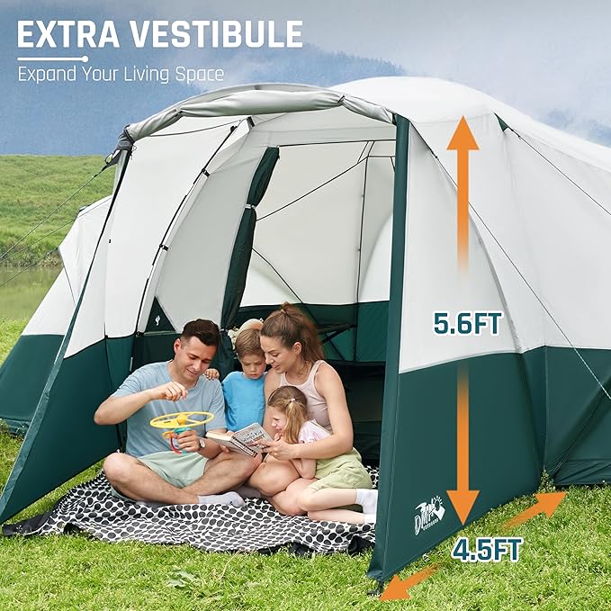 8/10/11 Person Camping Tent with Porch, Large Family Tents for Camping, PU1000MM Waterproof Tent with 5 Mesh Windows, Removable Rainfly, Reflective Windproof Rope, Big Dome Tent Fits 3 Queen Airbeds