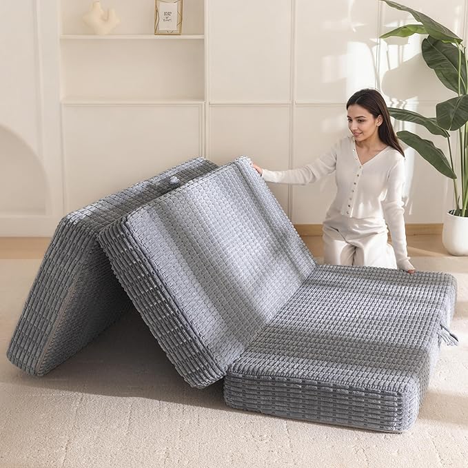 BYBYME Memory Foam Tri-Folding Mattress, 6 Inch Gel Folding Mattress Topper, Foldable Soft Guest Bed Camping Pad, with Washable Cover