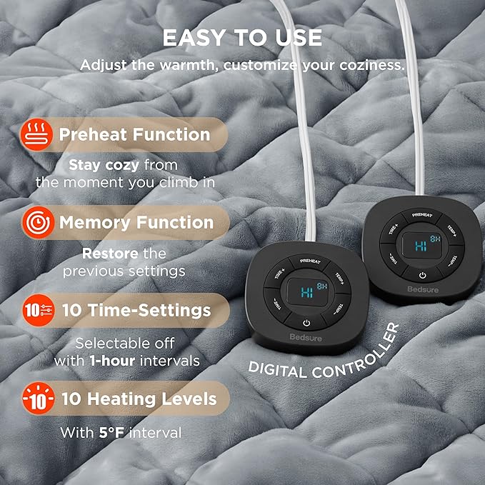 Bedsure Electric Blanket Queen Size - Dual Control Heated Weighted Blanket Queen with 10 Heat Settings, Fast Heating with 10 Time Settings (84x90 inches, Formal Gray)