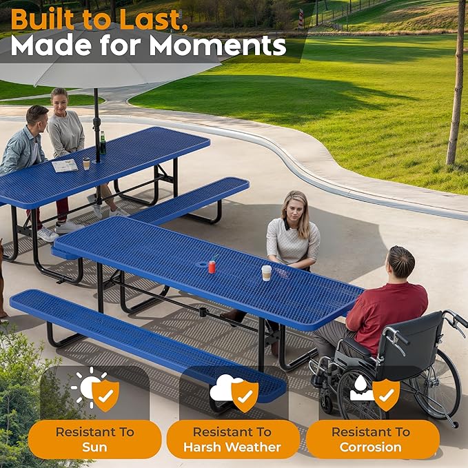 Metal Picnic Furniture for Outdoors with Umbrella Hole - Coated Steel Heavy Duty Commercial Grade Table with Adjustable Seats, Patio Set for a Lifetime (Blue, 8' Rectangular)