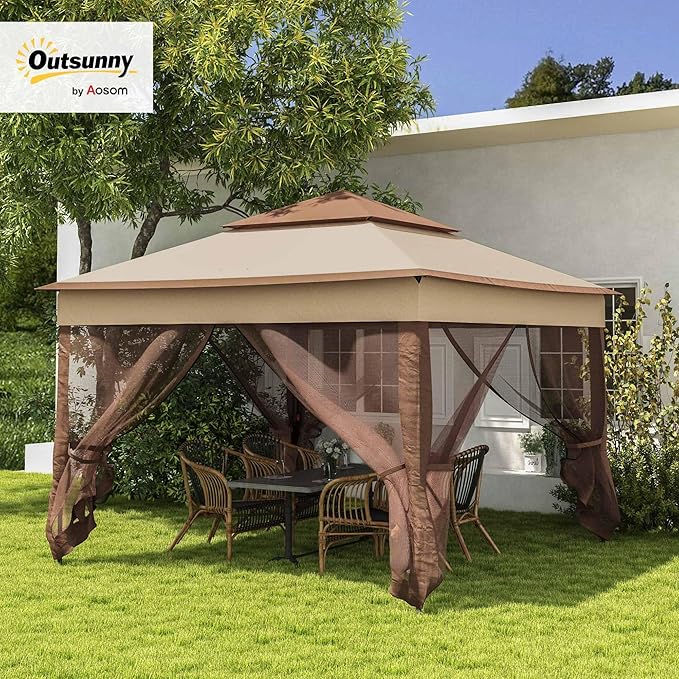 Outsunny 11' x 11' Pop Up Canopy, Outdoor Patio Gazebo Shelter with Removable Zipper Netting, Instant Event Tent w/ 114 Square Feet of Shade and Carry Bag for Backyard, Garden, Khaki
