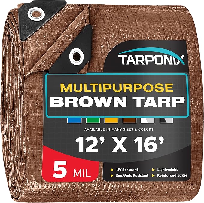 Brown Poly Tarp 12’ x 16’ – Lightweight 5 Mil Waterproof Cover – Durable, Weatherproof, Multipurpose Protection for Camping, Roofing, Construction