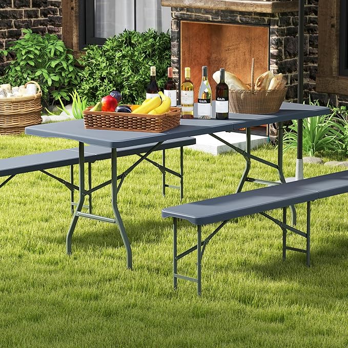 Folding Table, HDPE Portable Table with 6 ft Long Tabletop, Metal Frame Picnic Camping Table with Safe Lock, Collapsible Dining Table for Camping, Picnic, Party (Gray, 6 FT)