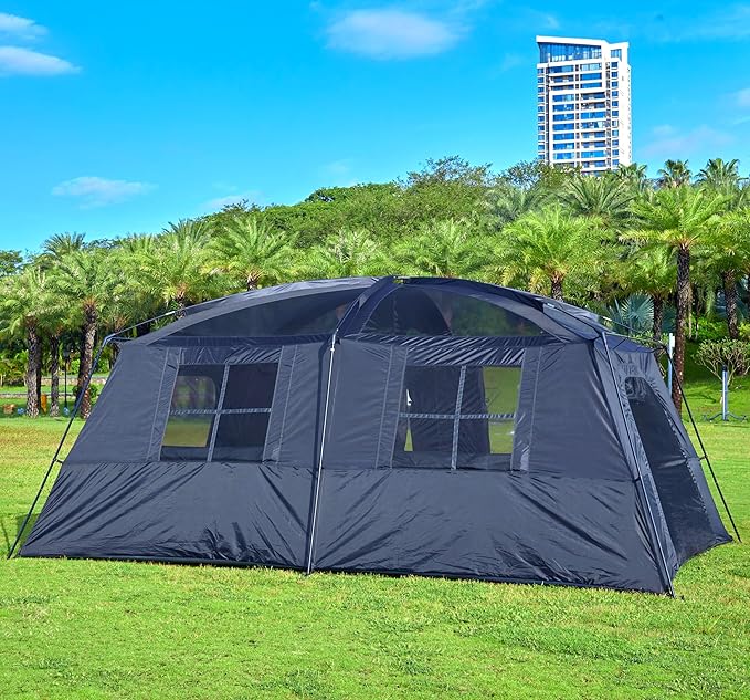 KTT Extra Large Tent 12-14 Person,Family Cabin Tents,2 Rooms,Straight Wall,2 Doors 4 Windows with Mesh,Waterproof,Straight Wall,Big Tent for Outdoor,Picnic,Camping,Gathering(Brown)