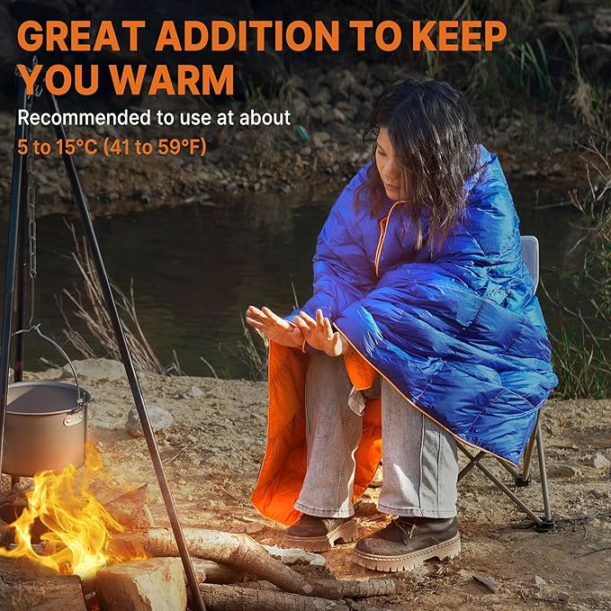 Down Puffy Blanket for 2 Person Car Camping Outdoor Travel Backpacking, 80% Duck Down & 20% Feather Lightweight Portable Soft Warm Cozy Camping Blanket Quilt, Lake Blue