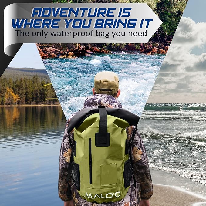 Malo’o DryPack 30L Waterproof Backpack, Roll-Top Dry Bag Backpack with Padded Straps, Floating Design for Beach, Kayaking, Fishing, Boating, Travel, and Water Sports, Dark Green