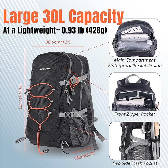 TREKOLOGY 30L Waterproof Lightweight Backpack – Foldable, Durable Daypack for Men & Women with Chest Strap & Multiple Compartments – Compact, Comfortable, Ideal for Hiking, Camping, Travel & Outdoors