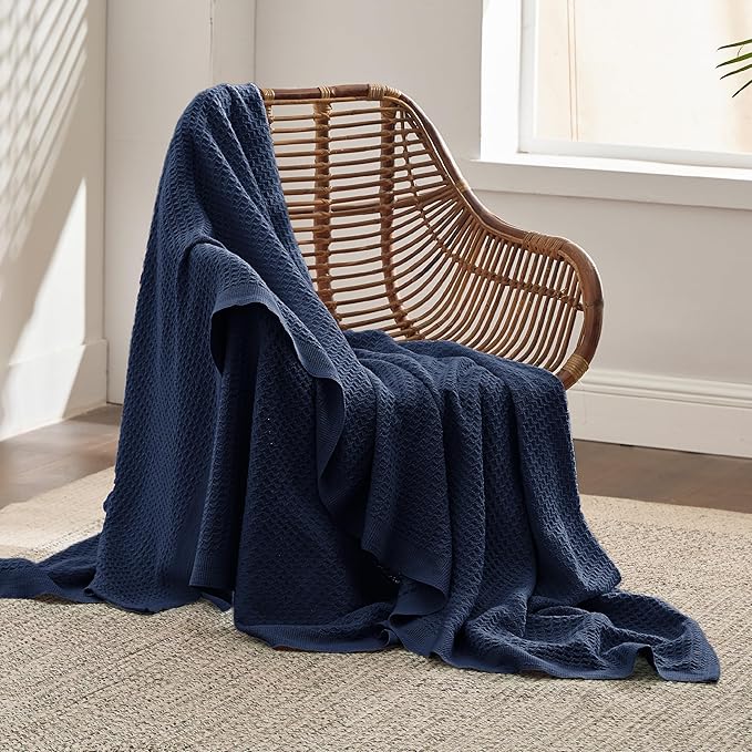Bedsure Gentlesoft 100% Cotton Blanket Twin XL Size for College Dorm - Breathable and Soft, Waffle Weave Twin Blanket for Summer, Dorm Room Essentials, Pageant Blue, 66x90 inches