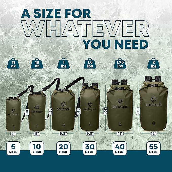 Earth Pak Waterproof Dry Bag - Roll Top Waterproof Backpack Sack (Forest Green 55L & 20L)
