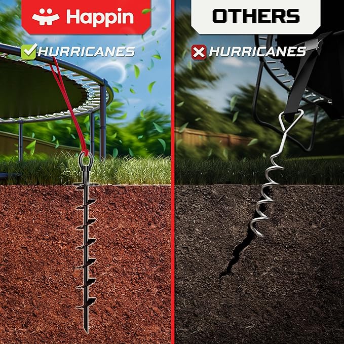Happin® Heavy Duty Ground Anchors - Trampoline Anchors High Wind - Swing Set & Trampoline Stakes - Earth Anchors Screw in for Secure Hold - Stakes High Stability for Tents, Canopies & More (4 Pack)
