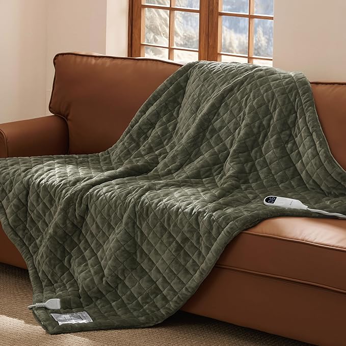 Bedsure Heated Blanket Throw Blanket - Quilted Electric Blanket, Soft Flannel Thick Heating Blanket with 4 Time Settings & 6 Heating Settings, Warm Gifts for Women Men (50x60 inches, Olive Green)