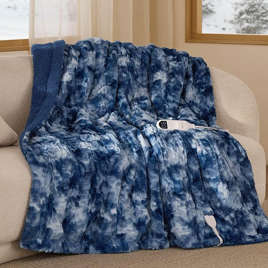 Bedsure Faux Fur Heated Blanket Throw Blanket, Fast Heating Electric Blanket with 6 Heating Levels & 4 Time Settings, Cozy Gifts for Women Men (50x60 inches, Denim Blue)