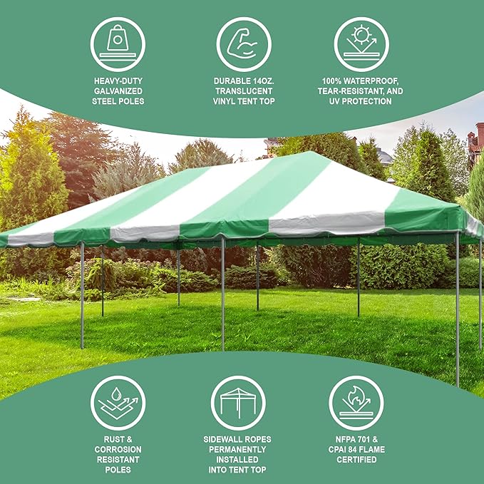 Party Tents Direct 20x30 Canopy Tent - Steel Frame - Outdoor Gazebo Pavilion Sun Shade Camping Shelter - Green Vinyl Heavy Duty Waterproof Tent Cover - Event Tents for Parties Wedding
