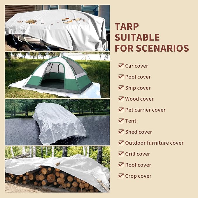 TARPAL 10'x12' White Tarp Waterproof 7.5 mil Medium Duty All Purpose Poly Tarps Cover Waterproof,Snow Proof UV Protection,Rip and Tear Proof,Poly Tarpaulin
