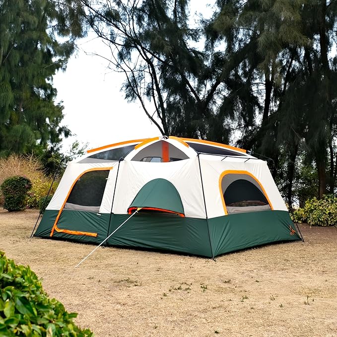 KTT Extra Large Tent 12 Person,Family Cabin Tents,Full Rainfly,2 Bay-Windows,2 Rooms and 3 Doors 3 Windows with Mesh,Waterproof,Straight Wall,Double Layer,Big Tent for Outdoor,Picnic,Camping