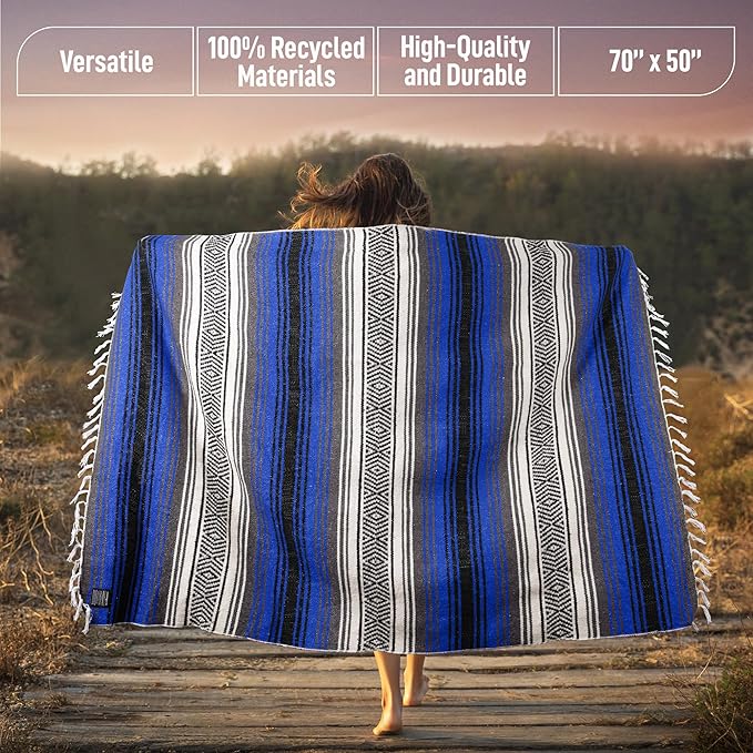 Hydration Nation Authentic Extra Large Mexican Blanket - 70"x50" Handwoven Yoga, Serape, Artisanal Falsa, Beach, Camping, Picnic, Outdoor Blanket - King Blue