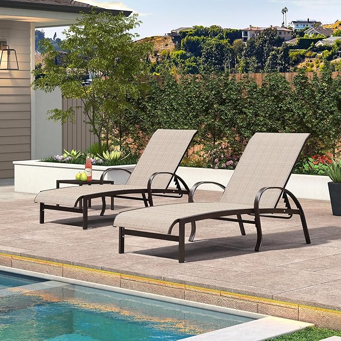 PURPLE LEAF Outdoor Chaise Lounge Chair Set of 3 Patio Pool Lounger Aluminum Chairs with Side Table Adjustable Tanning Recliner for Outside Yard Deck Lawn Garden Beach Khaki