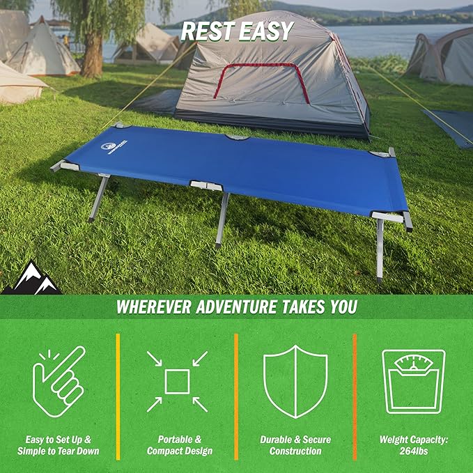 Camping Cot - Portable Folding Camp Bed - 600D Sleeping Cot for Adults with Steel Frame by Wakeman Outdoors (Blue)
