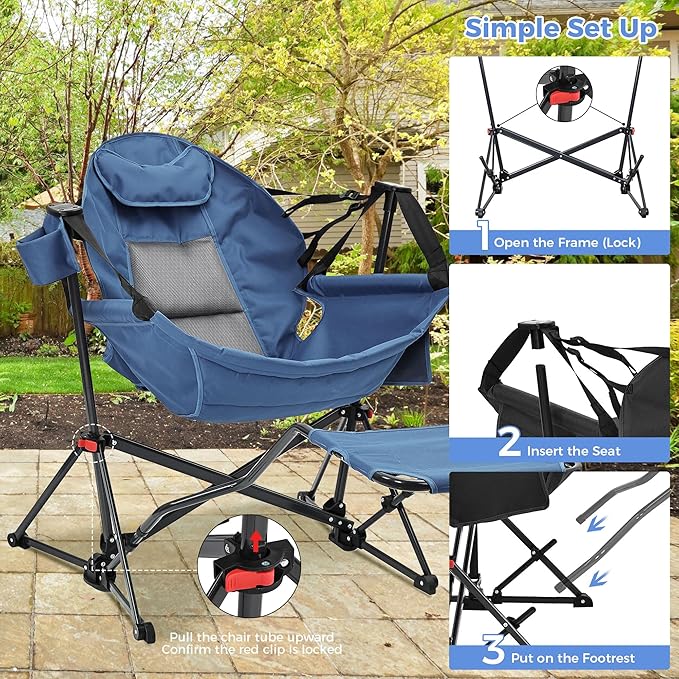Ainfox Hammock Camping Chair with Footrest, Foldable Portable Rocking Chairs for Adults Outside Swinging Camp with Cup Holder Pillow for Outdoor Patio Poolside (Dark Blue)