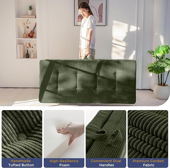 MAXYOYO Folding Mattress, 4 Inch Tufted Foldable Mattress Full Foam Bed, Tri-Fold Floor Couch with Handles Guest Bed Topper Portable Camping Mat with Corded Fabric, Queen Size, Dark Green