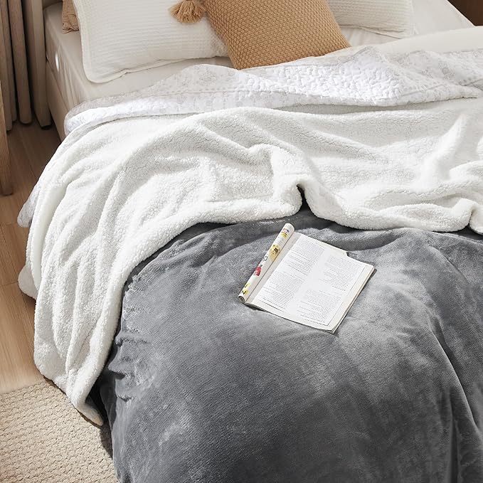 Bedsure GentleSoft Sherpa Fleece Blankets Queen Size for Bed - Thick and Warm, Soft Fuzzy Plush Queen Blanket for Winter, Grey, 90x90 Inches