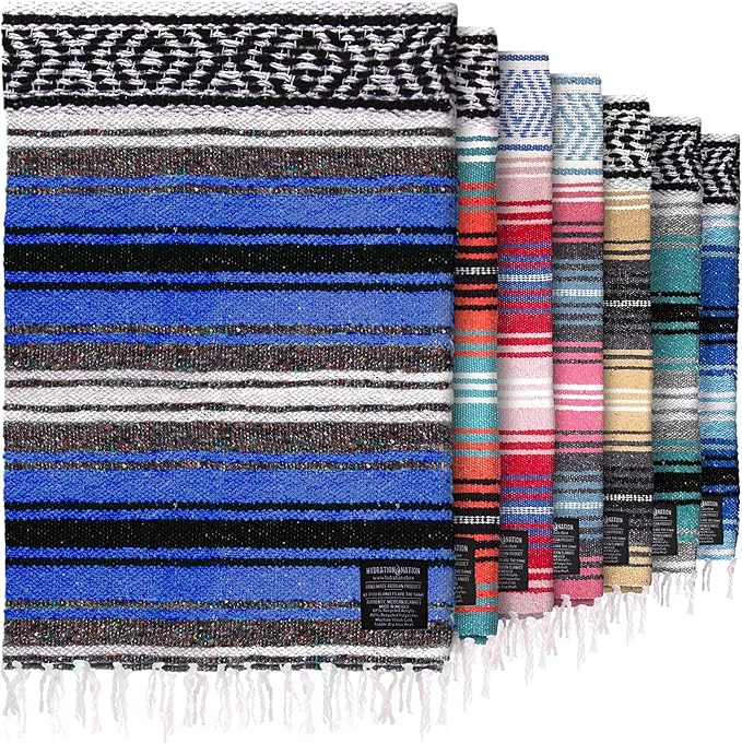 Hydration Nation Authentic Extra Large Mexican Blanket - 70"x50" Handwoven Yoga, Serape, Artisanal Falsa, Beach, Camping, Picnic, Outdoor Blanket - King Blue