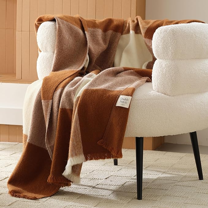 Double Stitch Alpaca Wool Throw Blanket - Warm, Soft Blanket for Couch, Luxury & Decorative Fleece Throw, Fall Plaid, Gift for Mother's Day, House Warming, 50" x 60", Harvest Brown & Cream