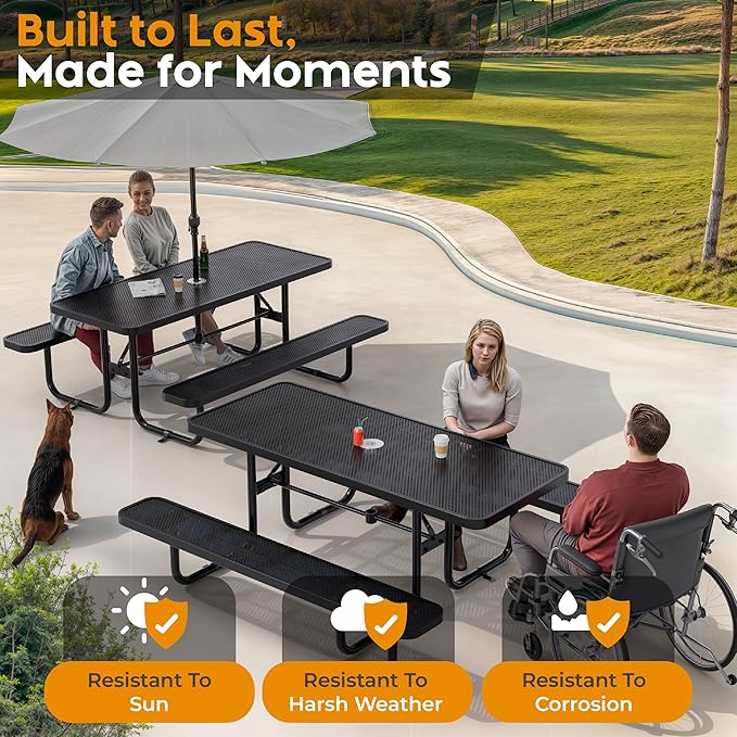 Metal Picnic Furniture for Outdoors with Umbrella Hole - Coated Steel Heavy Duty Commercial Grade Table with Adjustable Seats, Patio Set for a Lifetime (Black, 6' Rectangular, Punched Steel)