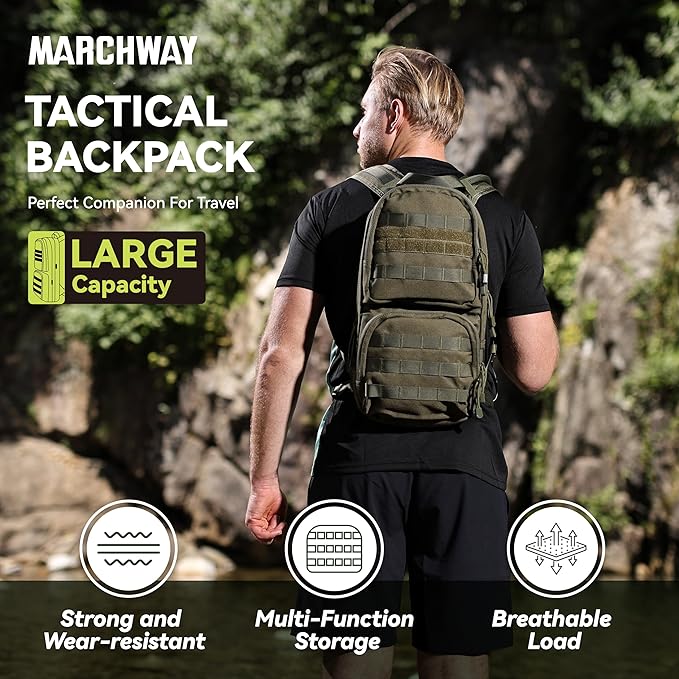 MARCHWAY Tactical Molle Hydration Pack with 3L TPU Water Bladder, Military Backpack for Backpacking, Hiking, Running, Cycling