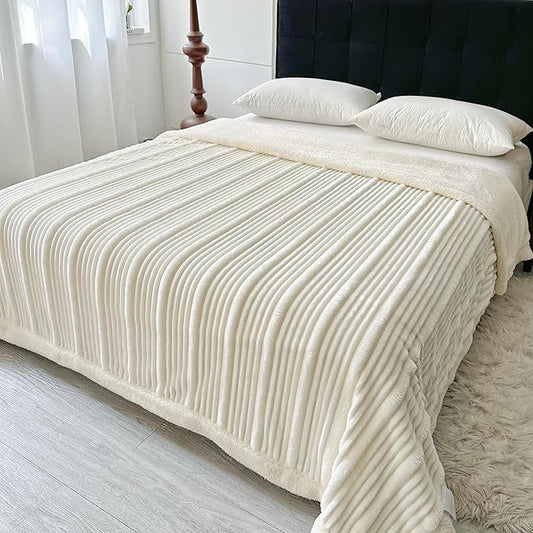 UKELER Striped Sherpa Throw Blankets 60 × 80 inch, 470 GSM Sherpa Fleece Blanket for All Season, Warm and Cozy Blanket for Couch Sofa Bed Office Camping, White