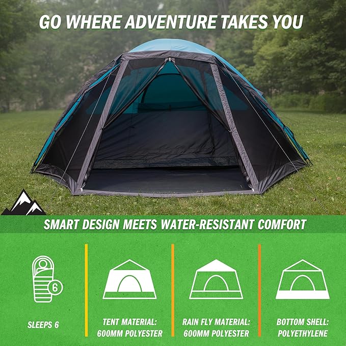 Camping Tent - Water-Resistant Cabin Style Outdoor Shelter with Built-in Screen Tent and Carrying Bag by Wakeman Outdoors