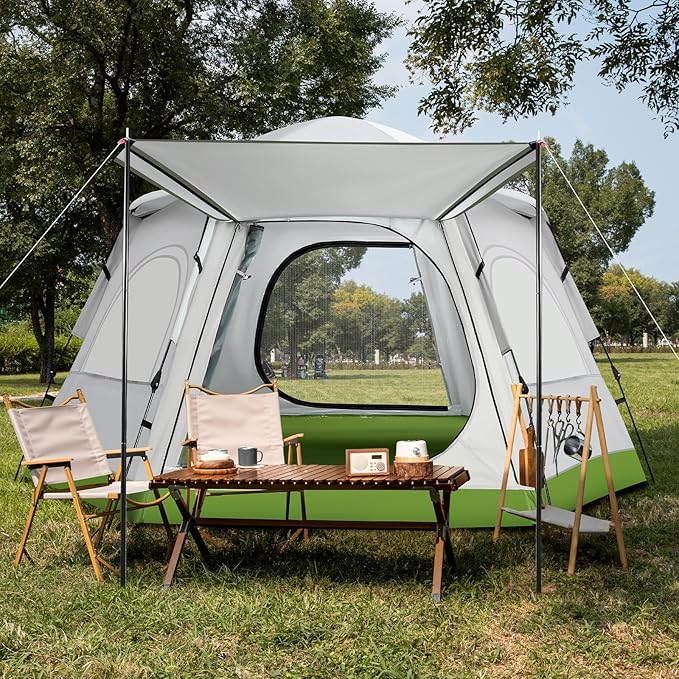 Family Camping Tent 4 Person Waterproof Cabin Tent with Awning and 4 Sided Mesh Windows Easy Setup Portable Outdoor Tent for Beach Park Mountain Hiking Fits 1 Full Air Mattress