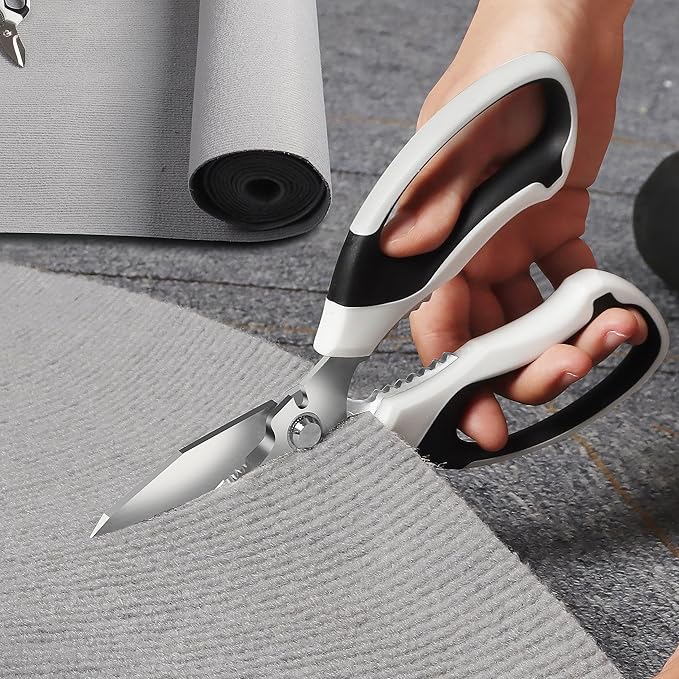 Utility Scissors Heavy Duty: sharp Scissors All Purpose heavy duty, Easy Cutting Carpet, Cardboard, Wires, Leather, Fabric（8'' White）