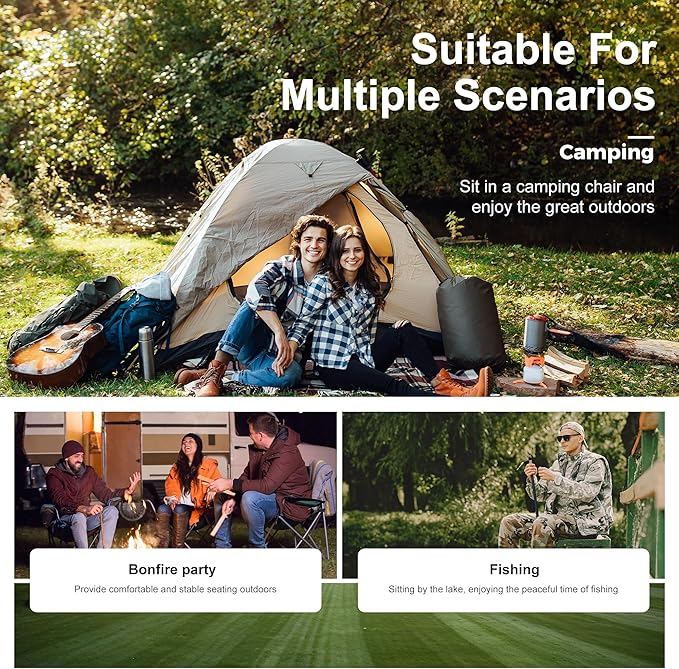 LET'S CAMP Camping Chair 2 Pack Folding Chair with 3-Can Cooler Bag Portable Lawn Chair with Cup Holder,Storage Pocket, Supports 225LBS, Collapsible Chair for Camp, Beach, Picnic (Black)