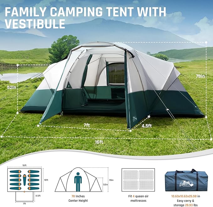 8/10/11 Person Camping Tent with Porch, Large Family Tents for Camping, PU1000MM Waterproof Tent with 5 Mesh Windows, Removable Rainfly, Reflective Windproof Rope, Big Dome Tent Fits 3 Queen Airbeds