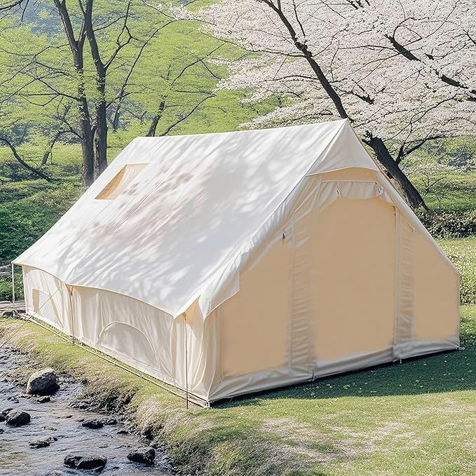Inflatable Tent, Outdoor Easy Setup Inflatable Tents for Camping, Portable Blow Up Tent with Stove Jack, Cotton Canvas Material for Glamping, for 4 Season, 4/6/8/10 Person Use