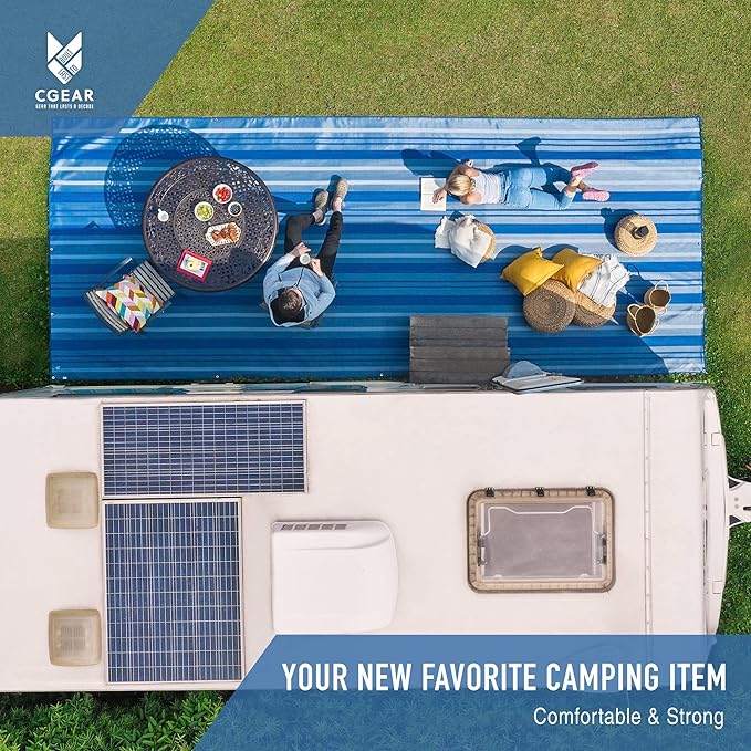 CGEAR RV Comfort Mat – Patented Sand-Free Technology with Ultra Soft Material – Sized to Your RV, Campsite, Beach House – Great Outdoor Patio Rug for RV and Camping (Navy Dynamic Stripe, 8' x 11')